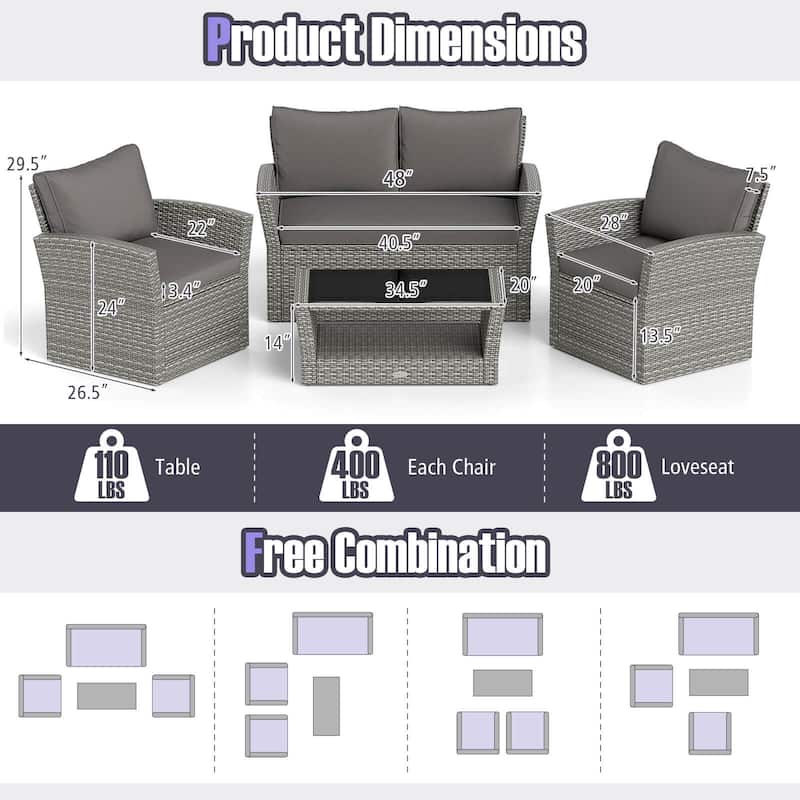 Costway 4 PCS Patio Furniture Set with 2 Rattan Chairs Loveseat Coffee - 4 PCS