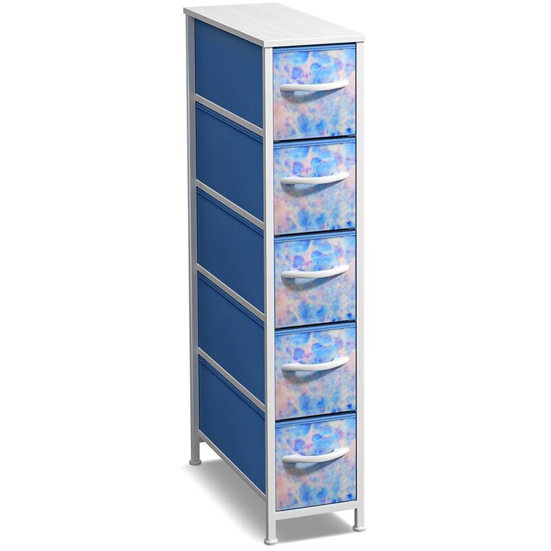 Sorbus Narrow Dresser with 5 Drawers - Vertical Slim Storage Chest of Drawers with Steel Frame, Wood Top & Easy Pull Fabric Bins - Tie Dye Blue