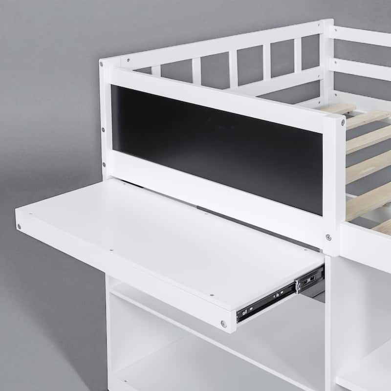 Twin Size Low Loft Bed with Rolling Desk, Storage Drawers and Bookshelf, Pine Wood Frame