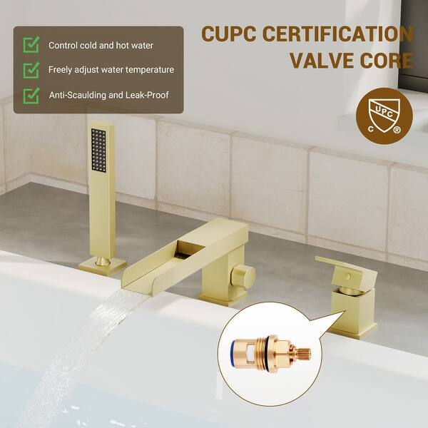 dimension image slide 1 of 4, Bathtub Filler Faucet with Sprayer, Double-Handle Deck-Mount Roman Tub Faucet with Handshower, Pressure Balanced Valve Included