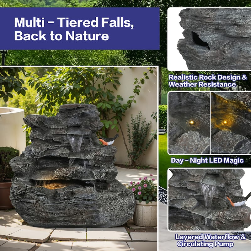 Roomfitters 21-Inch 4-Tiered Concrete Rock Waterfall Fountain with LED Lights, Natural Faux-Stone Cascading Water Feature, Gray