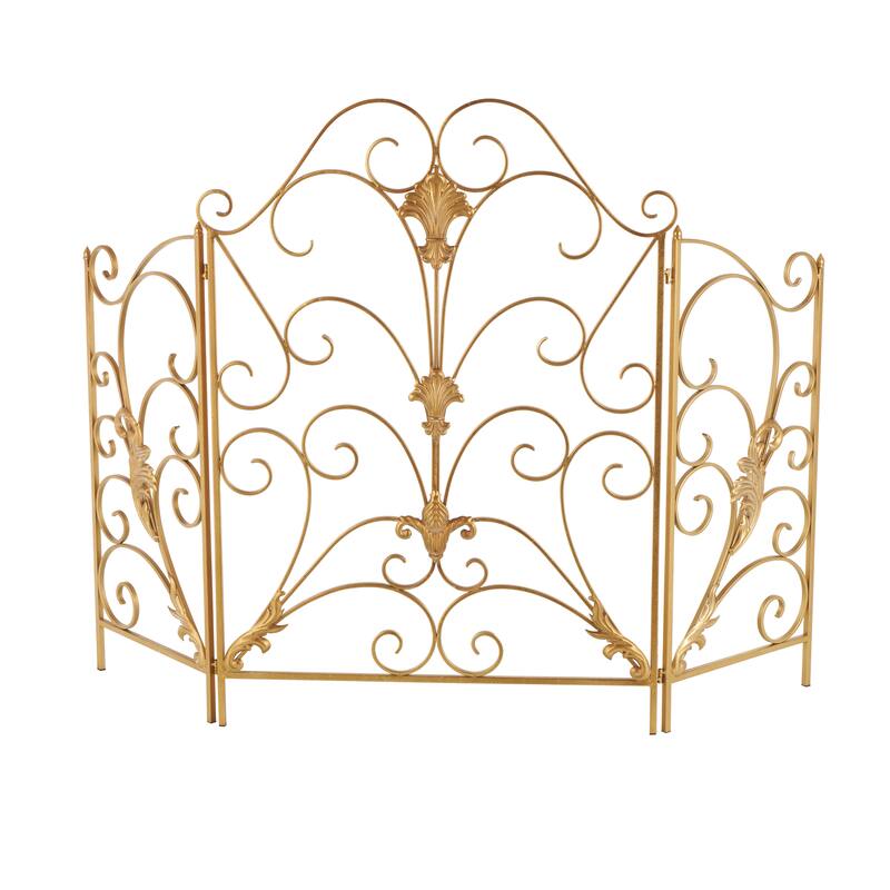 Metal Scroll Foldable 3 Panel Fireplace Screen with Fleur De Lis Accents - Gold - Roche River Decor - Gold