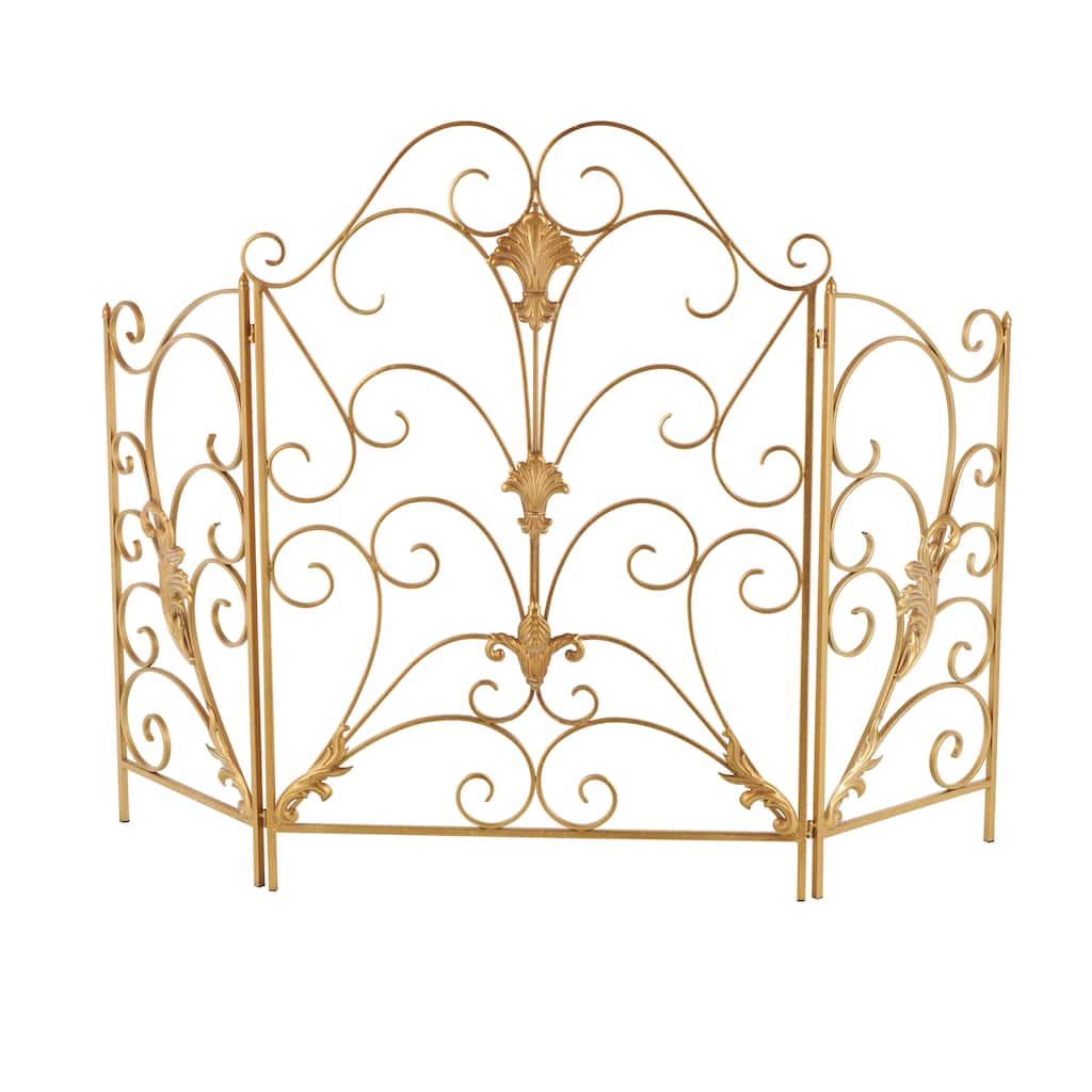 Metal Scroll Foldable 3 Panel Fireplace Screen with Fleur De Lis Accents - Gold - Roche River Decor