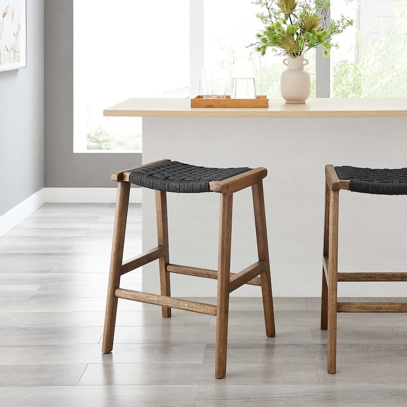 Saoirse Woven Rope Wood Counter Stool - Set of 2 - Walnut - Black