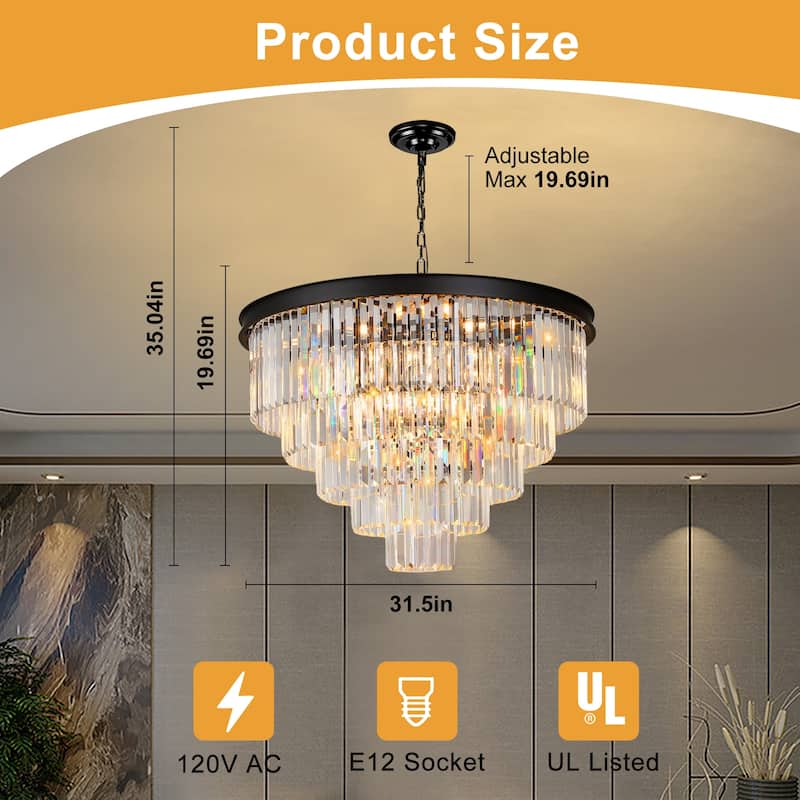 Modern Crystal Chandelier, Black Luxury Adjustable Pendant Light for Living Room(Bulbs Included)
