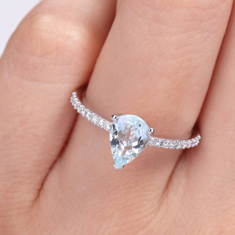 Miadora Pear-cut Aquamarine and 1/6ct TDW Diamond Teardrop Ring in 14k White Gold