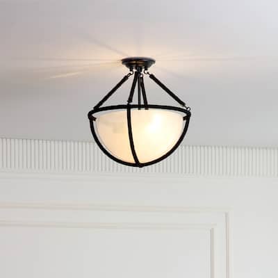 VidaLite Voyager 2-Light Matte Black Ceiling Light, Flush Mount Ceiling Lamp Fixture With Rope Detailing & Smoked Glass
