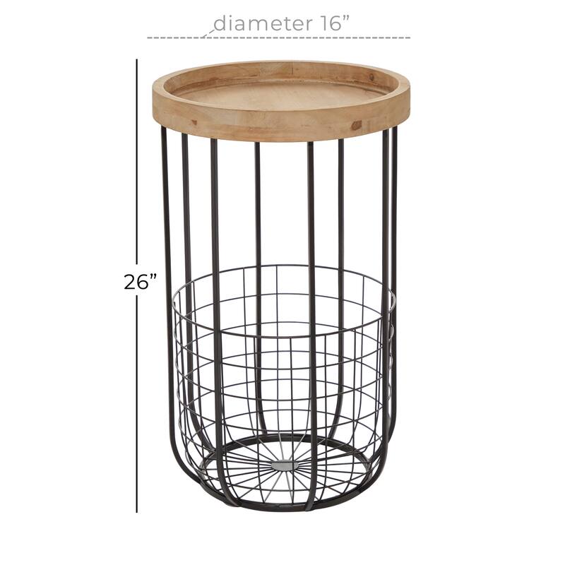Metal Accent Table with Brown Wood Top and Wire Basket Storage - Black - Roche River Decor - 16"W x 16"L x 26"H