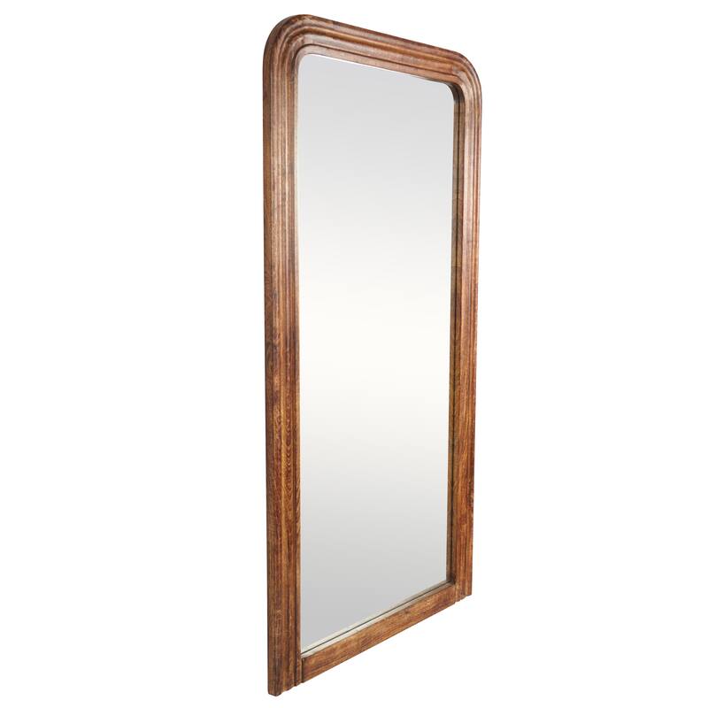 Brown Mango Wood Distressed Room Floor Mirror with Carved Grooves and Natural Wood Grain