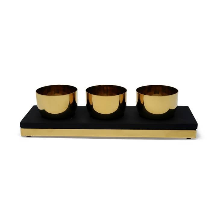 Gold 3 Bowl Relish Dish with Black Tray
