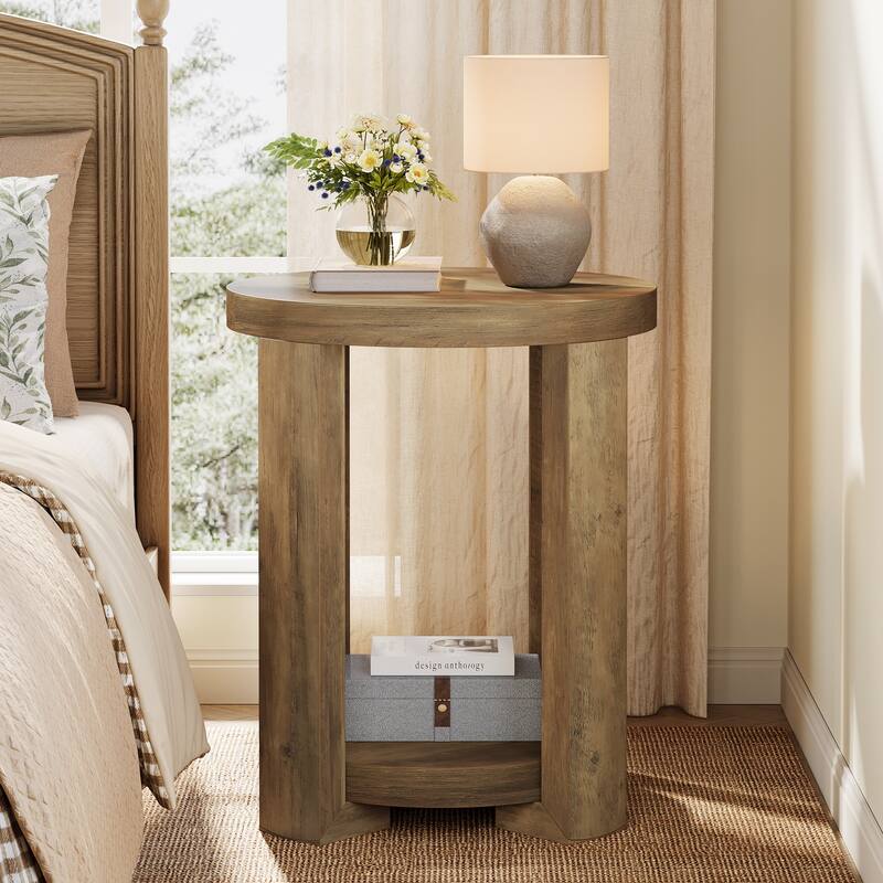 2-Tier Round End Table, Side Accent Snack Table, Living Room Bedroom Bedside Nightstand Furniture