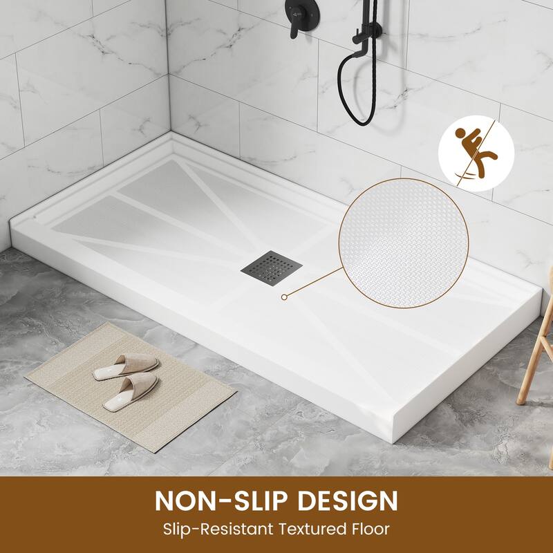60 in. x 30 in. Elegant White Single Threshold Anti-slip SMC Rectangular Shower Base with Drain and Stainless Steel Drain Cover