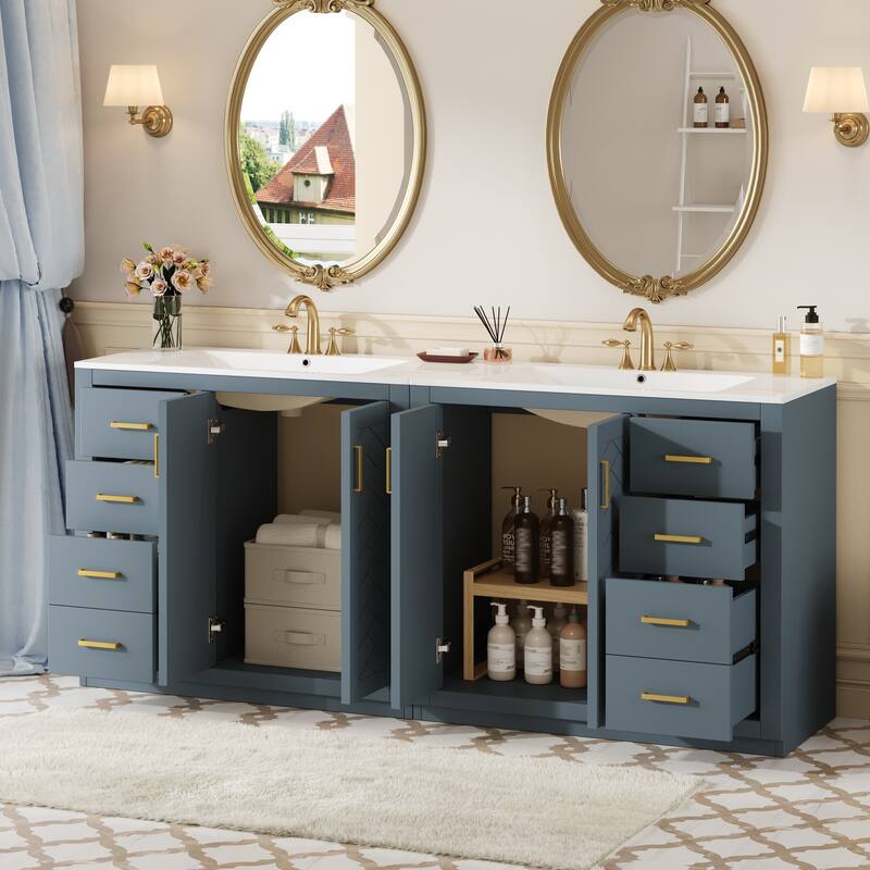 GDFStudio - Carrington Modern Freestanding Double Bathroom Vanity Set with Ceramic Sinks, Drawers & Soft Closing Doors - 72'W - Blue