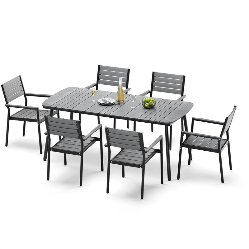 7-Piece Outdoor Patio Dining Set Aluminum Rectangle Table with Stackable Chairs - Grey