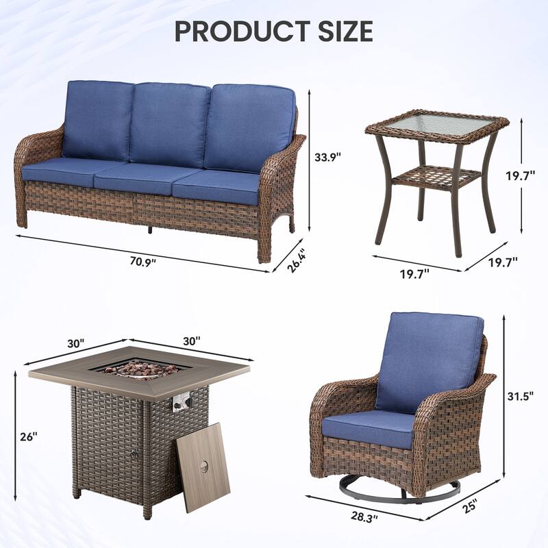 Pocassy Patio Funiture Sofa Swivel Chair Ottoman with Fire Table Set