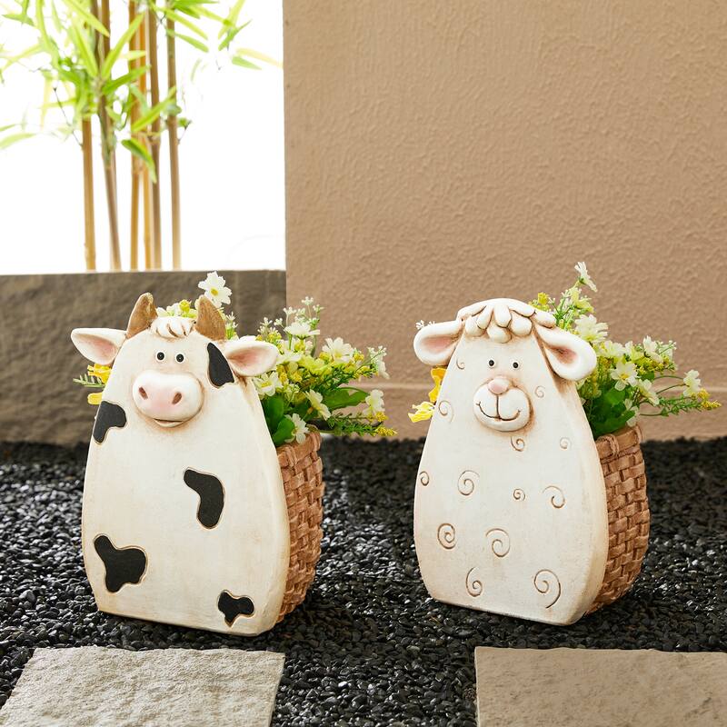 Glitzhome Set of 2 MGO Cute Sheep & Cow Statue Planter