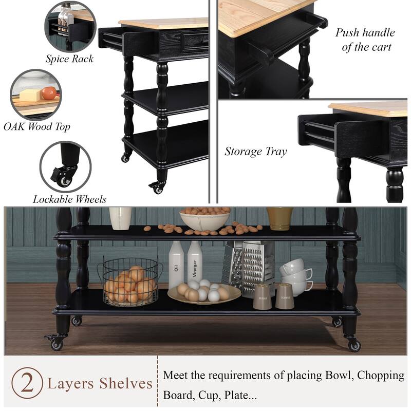 Open 2-sided Kitchen Island on Wheels with OAK Wood Top, Portable Rolling Kitchen Cart with Towel Rack and Spice Rack, Black