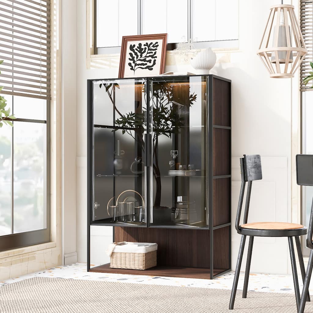 51.2'' Tall Lighted Display Cabinet with Tempered Glass Door, Metal Frame LED Curio Cabinet, Modern minimalist style, fo