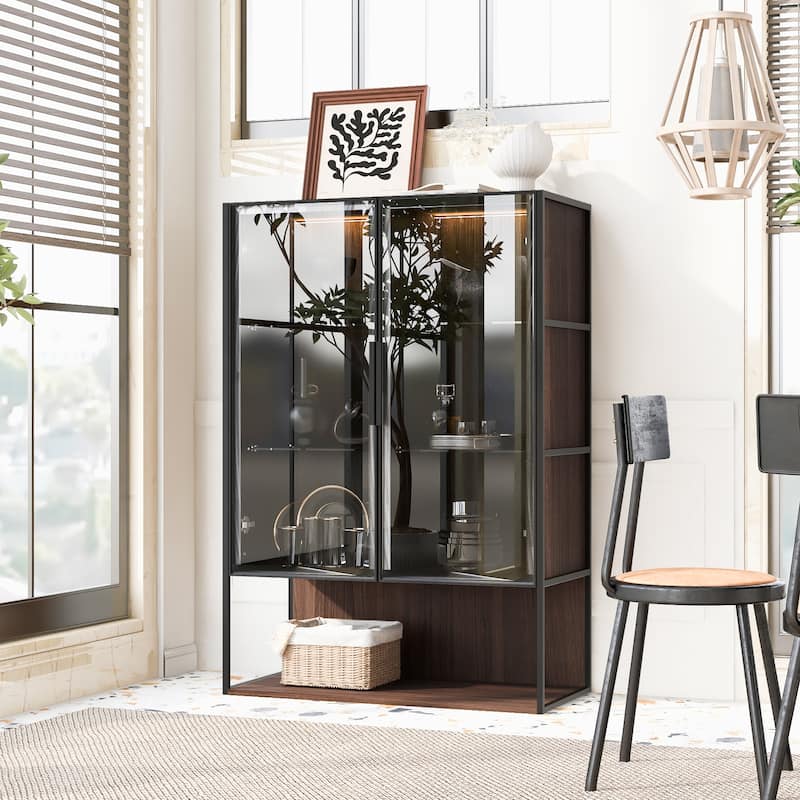 Roomfitters 51.2'' Display Cabinet with Glass Door, Curio Storage Cabinet with Shelves for Living Room and Kitchen, Brown Walnut - Walnut