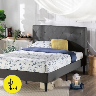 Priage by ZINUS Dark Grey Upholstered Diamond Stitched Platform Bed Frame with USB Ports