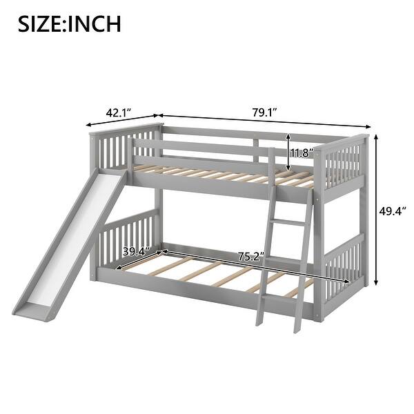 dimension image slide 1 of 2, Twin Over Twin Floor Bunk Bed with Convertible Slide&Ladder, Wooden Low Bunk Bed Frame for Kids Girls Boys, No Box Spring Needed