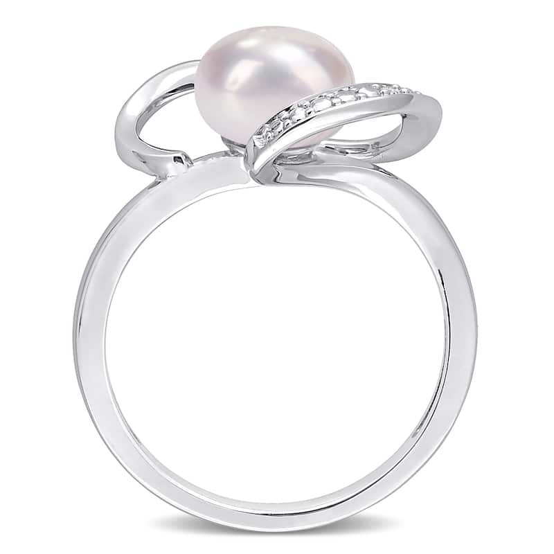 Miadora Sterling Silver Freshwater Cultured Pearl and Diamond Accent Solitaire Heart Ring (8-8.5mm)