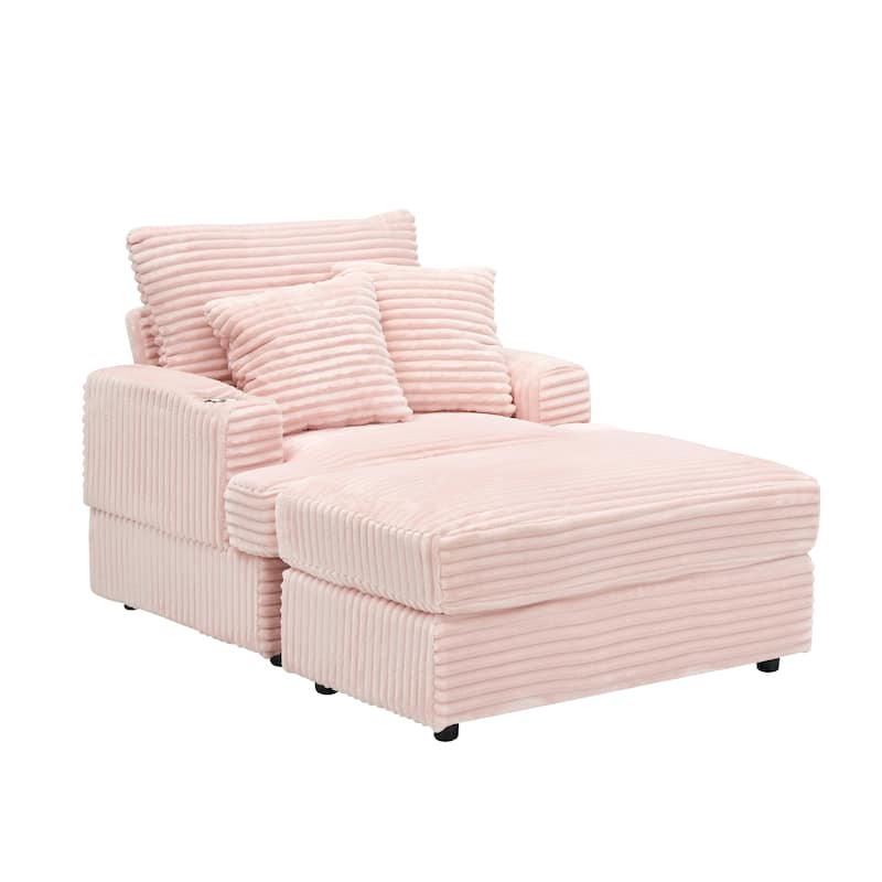 39-inch Pink Corduroy 1-Seater Spring Upholstered Armchair and Ottoman Set with Cup Holder