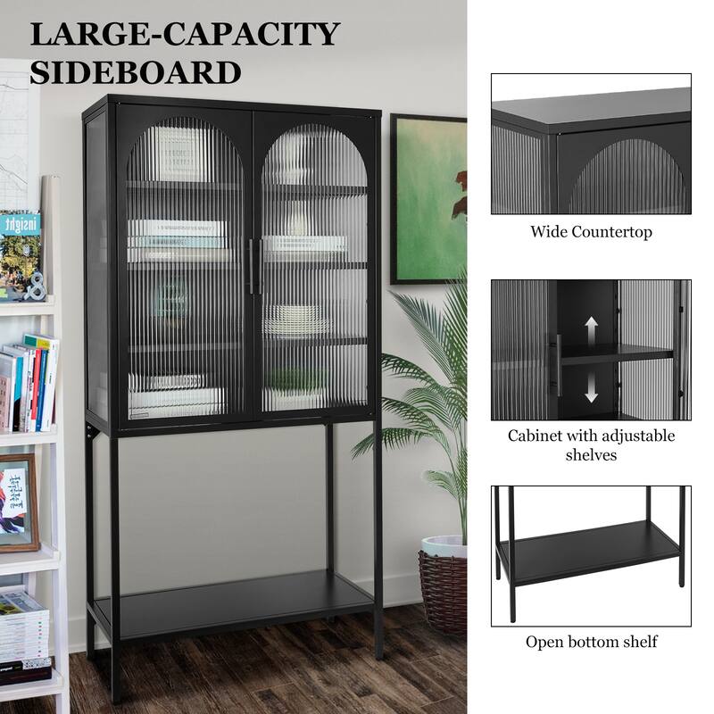 Elegant Floor Cabinet with 2 Glass Arched Doors Living Room Display Cabinet with Adjustable Shelves Anti-Tip Dust-free