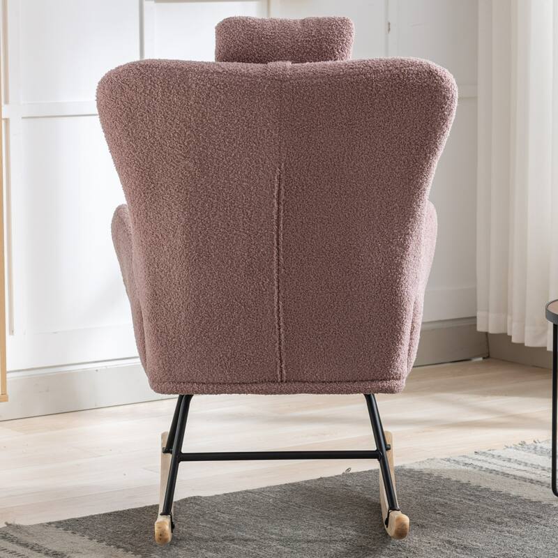 Teddy Fabric Wingback Rocking Chair for Nursery with Safe Solid Wood Base