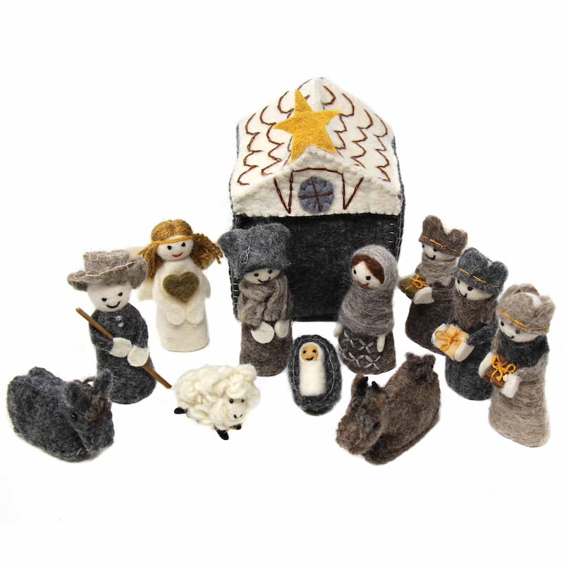Handmade Felted Wool Christmas Nativity Set, 12 Piece
