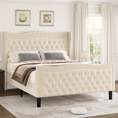 Wingback Platform Bed King Size Velvet Upholstered Bed with Nailhead Trim and Tufted Headboard Footboard, Wood Slats Support