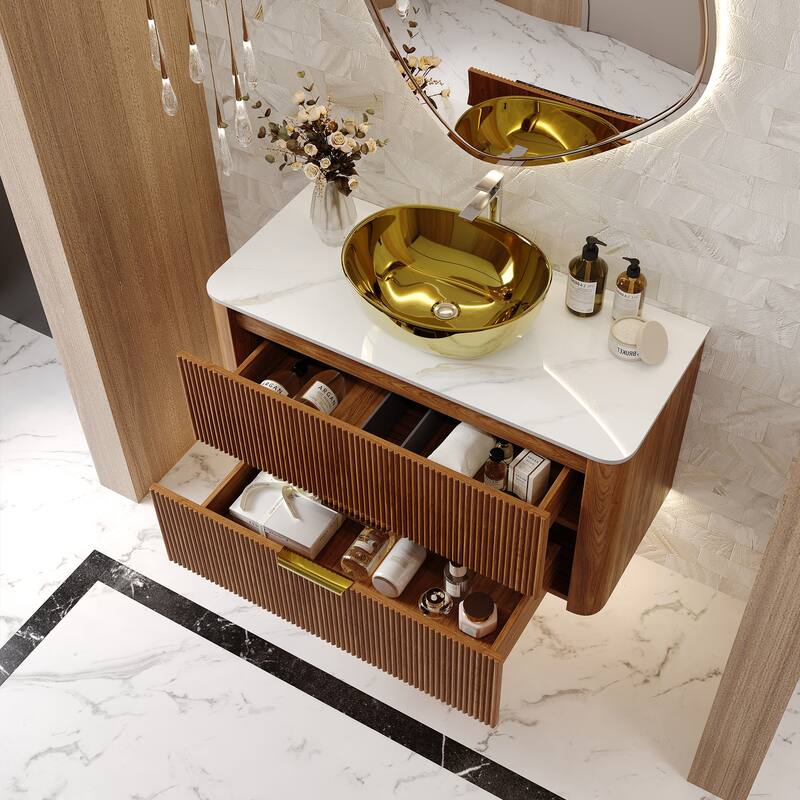 36" Luxury Floating Bathroom Vanities with Gold Single Sink, Brown Wood Cabinets with 2 Drawers