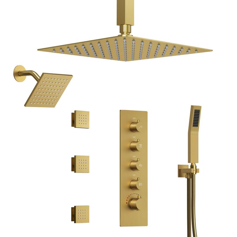 Dual Heads 16" Rainfall & High Pressure 6" Shower Head 3 Way Thermostatic Faucet System w/ 3 Body Jets
