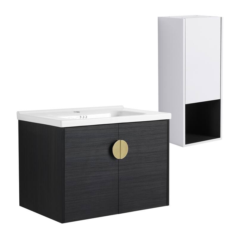 28" Wall-Mounted Bathroom Vanity With Ceramic Sink and Side Cabinet, Soft Close Doors, Combination Cabinet
