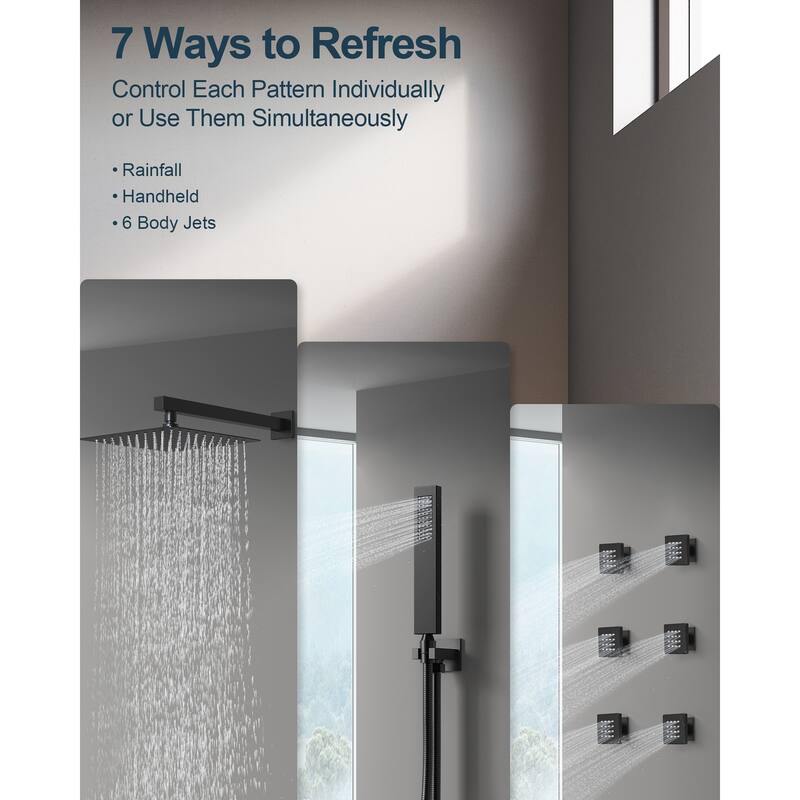 GRANDJOY Thermostatic Shower Faucet System Rainfall 12" Wall Mount Shower Faucet 6 Body Jets Handheld Spray High Pressure