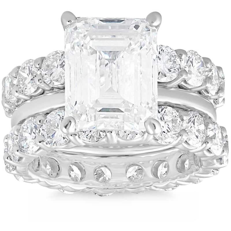 11Ct Emerald Cut Moissanite & Lab Grown Diamond Engagement Eternity Ring Set