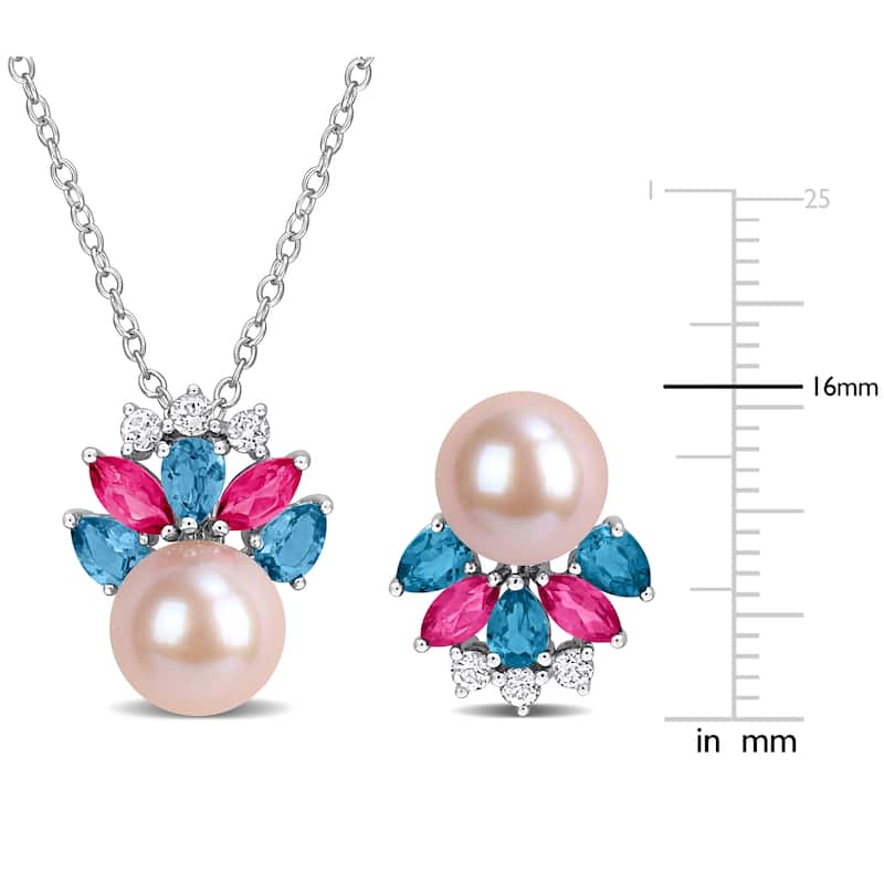 Miadora Sterling Silver Gemstone and Cultured Freshwater Pearl Necklace and Earrings Set