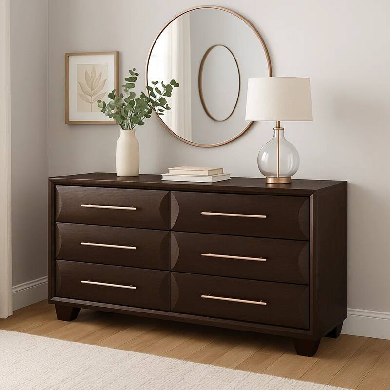 Nitz 6 Drawer Wide Dresser, Espresso Brown Solid Wood, Rose Gold Handles