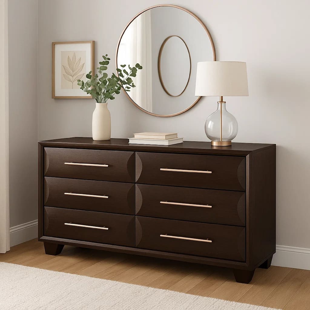 Nitz 6 Drawer Wide Dresser, Espresso Brown Solid Wood, Rose Gold Handles