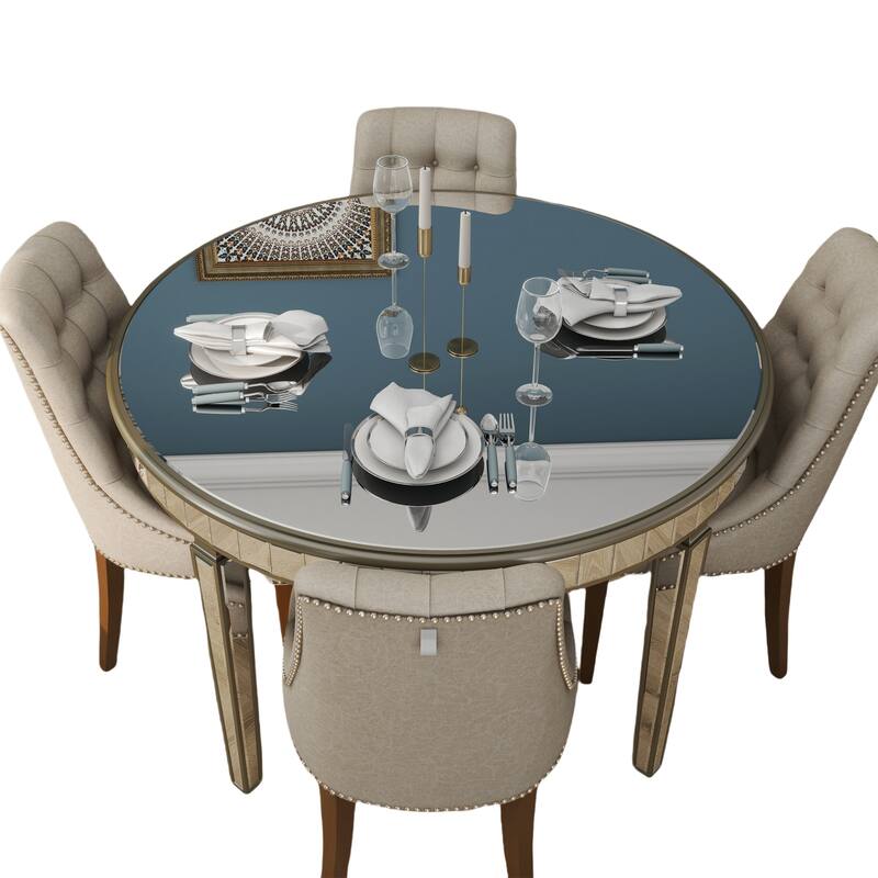 47" Round Mirror Top Table with Gold Geometric Base, Seats 4-6