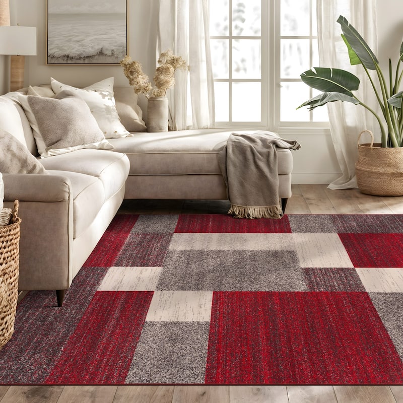 World Rug Gallery Modern Boxes Design Non-slip (Non-skid) Area Rug - 5'3" x 7'3" - Red