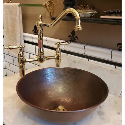 SimplyCopper 14" Round Hand Hammered Copper Vessel Bathroom Sink in Aged Copper - 14" X 5.5"