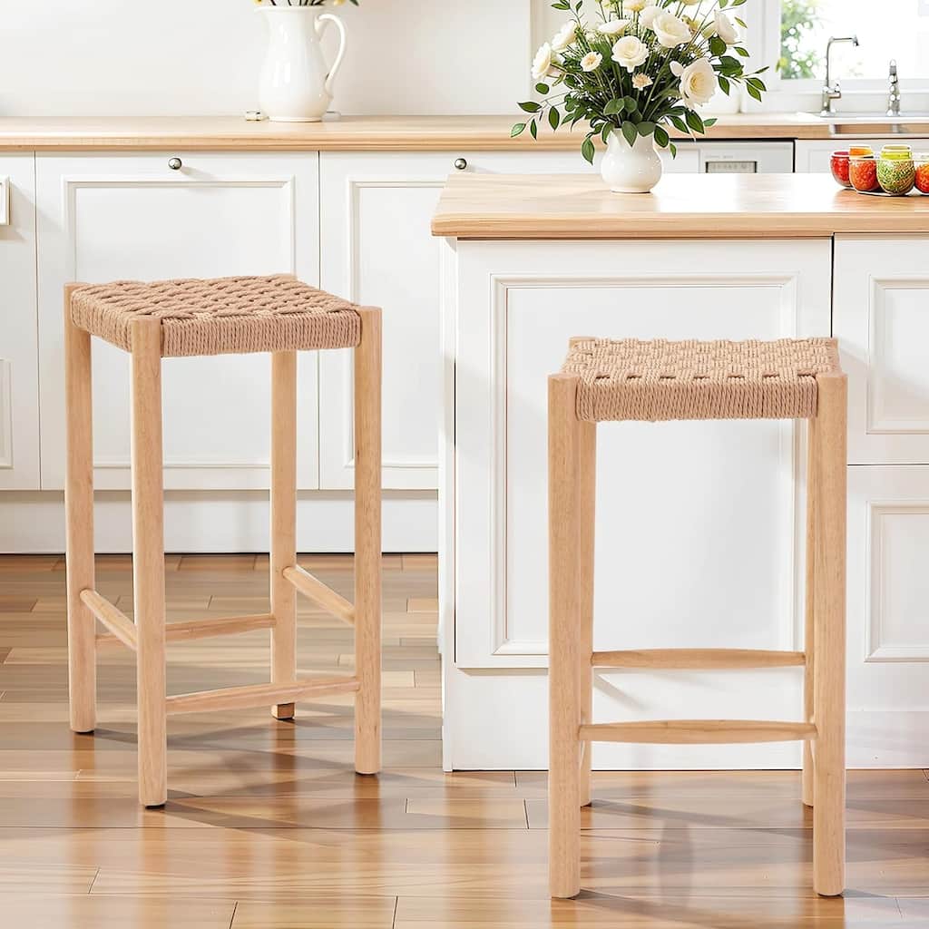 2-Pack Industrial Bar Stools 26.4" Height - Kraft Paper Cord Seats, Rubberwood Legs & Adjustable Feet