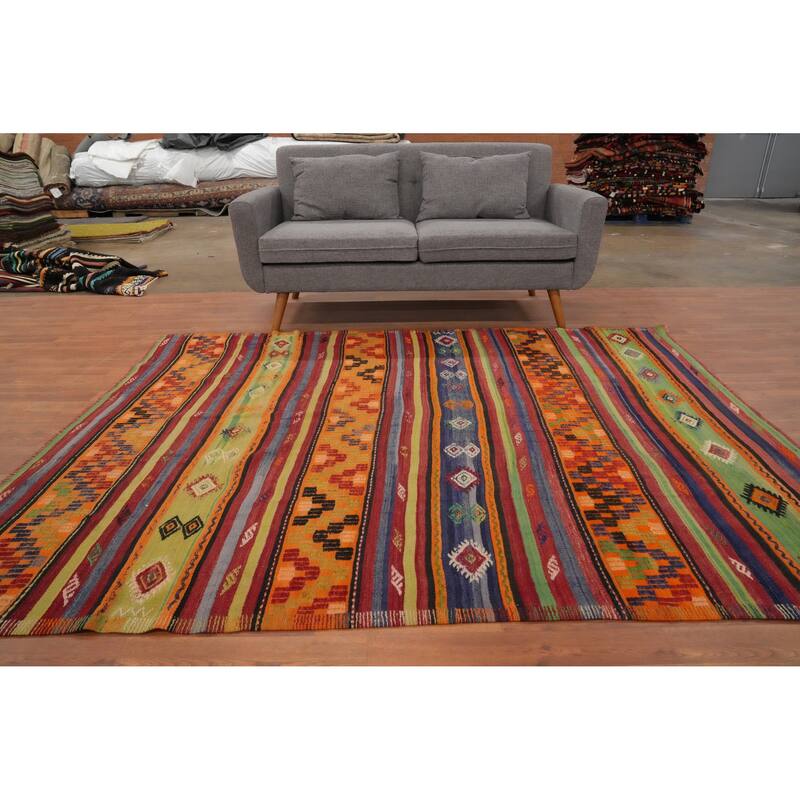 Hand Woven Oriental 100% Wool Carpet Southwestern Tribal Multi-Colored Kilim Area Rug - 7' 5'' X 6' 0''