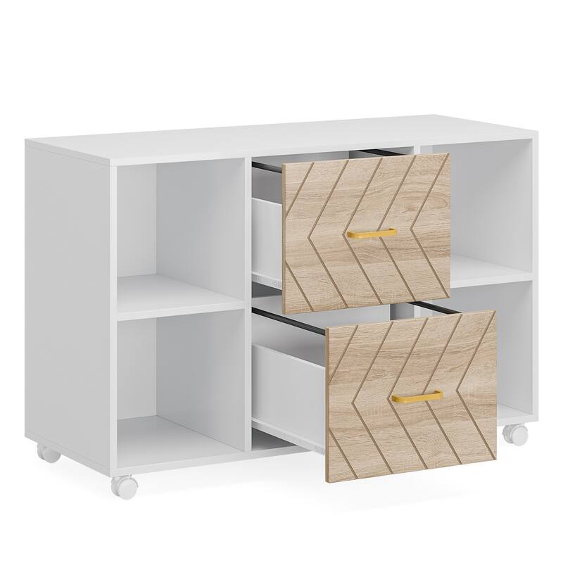 39.37-Inches Large Mobile Lateral File Cabinet with 2 Drawers White & Walnut finish