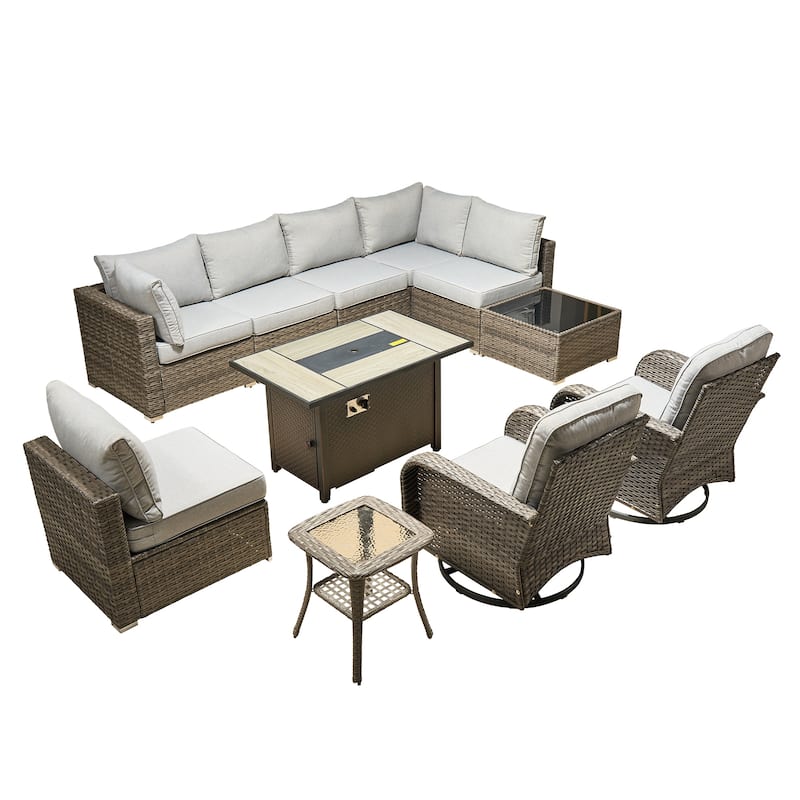 HOOOWOOO 11-piece Wicker Furniture Set Outdoor Sectional Sofa with Fire Pit