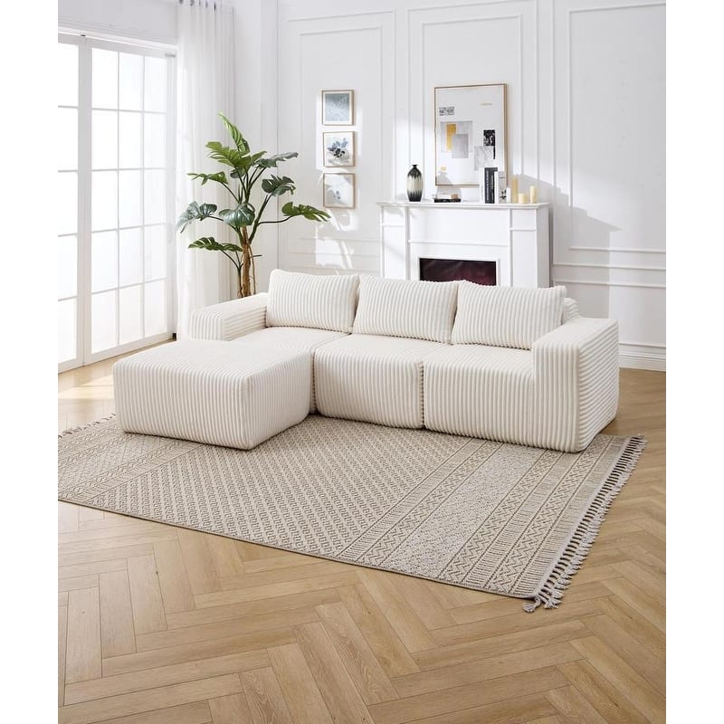 L-Shaped Cloud Sofa, Deep Seat Modular, Plush Minimalist, No Assembly - White
