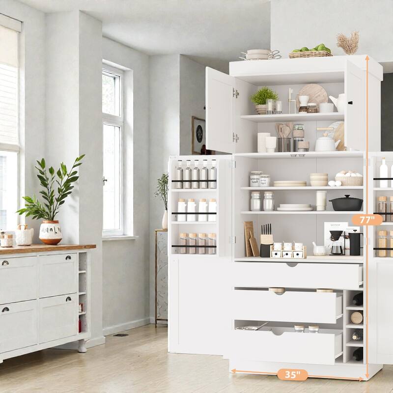 77 Inch Tall Kitchen Pantry Cabinet, Shaker Style Storage with Adjustable Shelves, Drawers, Door Shelves and Wine Racks