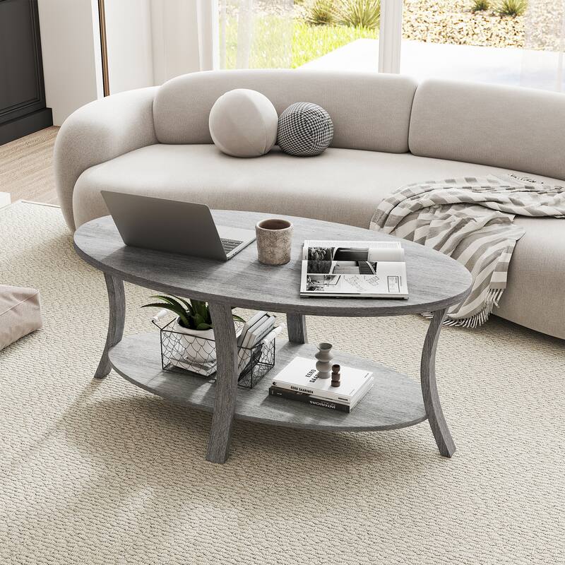 Gymax 2-Tier Oval Coffee Table w/ Storage Shelf Rubber Wood Accent Tea