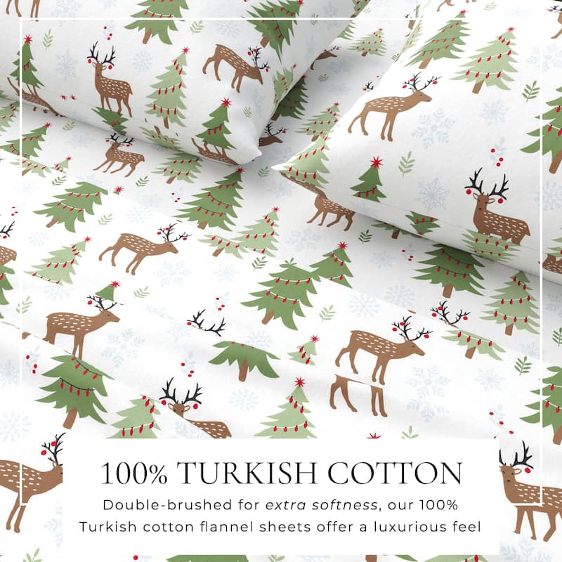 Linery & Co. Turkish Cotton Double-Brushed Christmas Flannel Bed Sheet Set